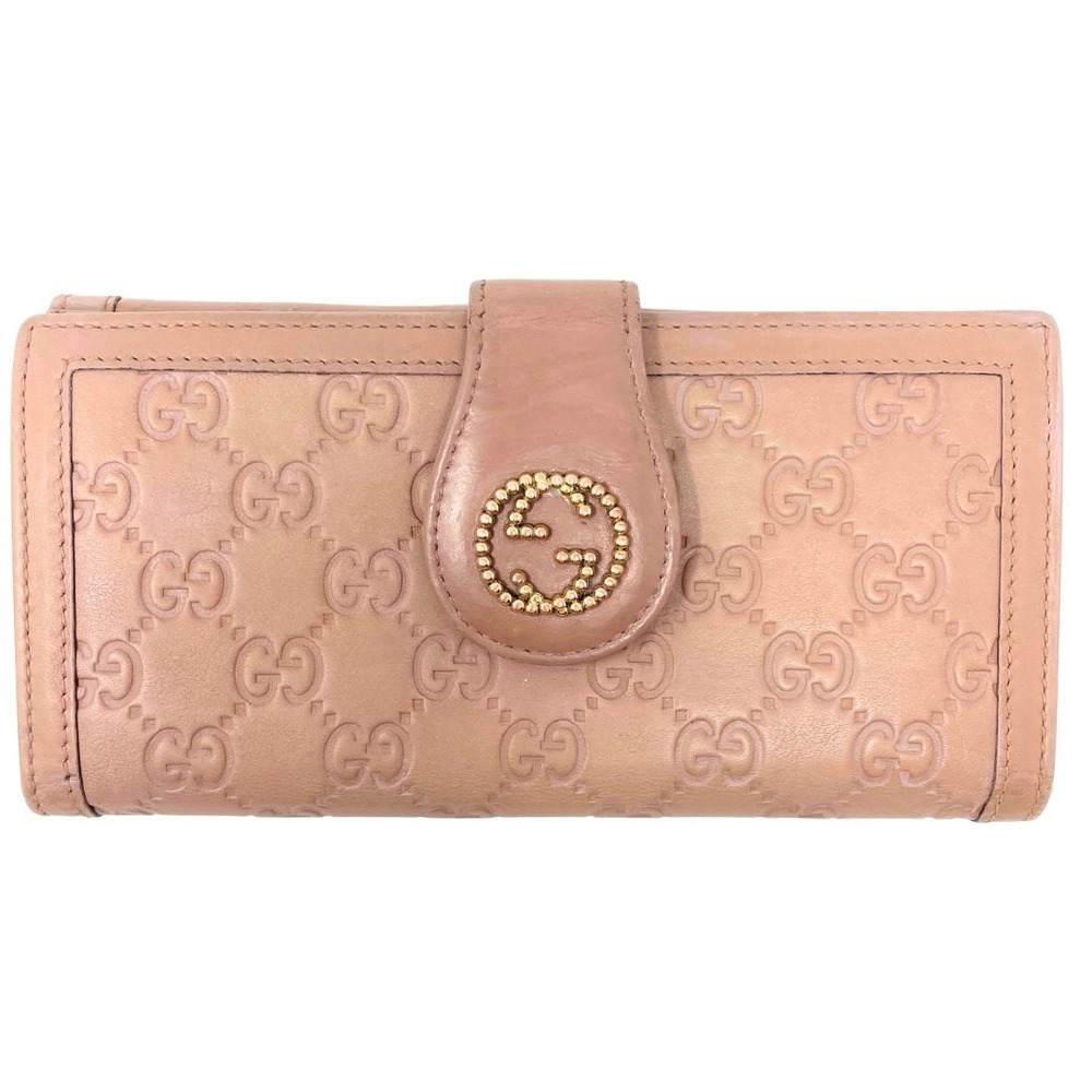 Gucci Wallet Long Continental Bifold Card Pink Leather GG Monogram Guccissima